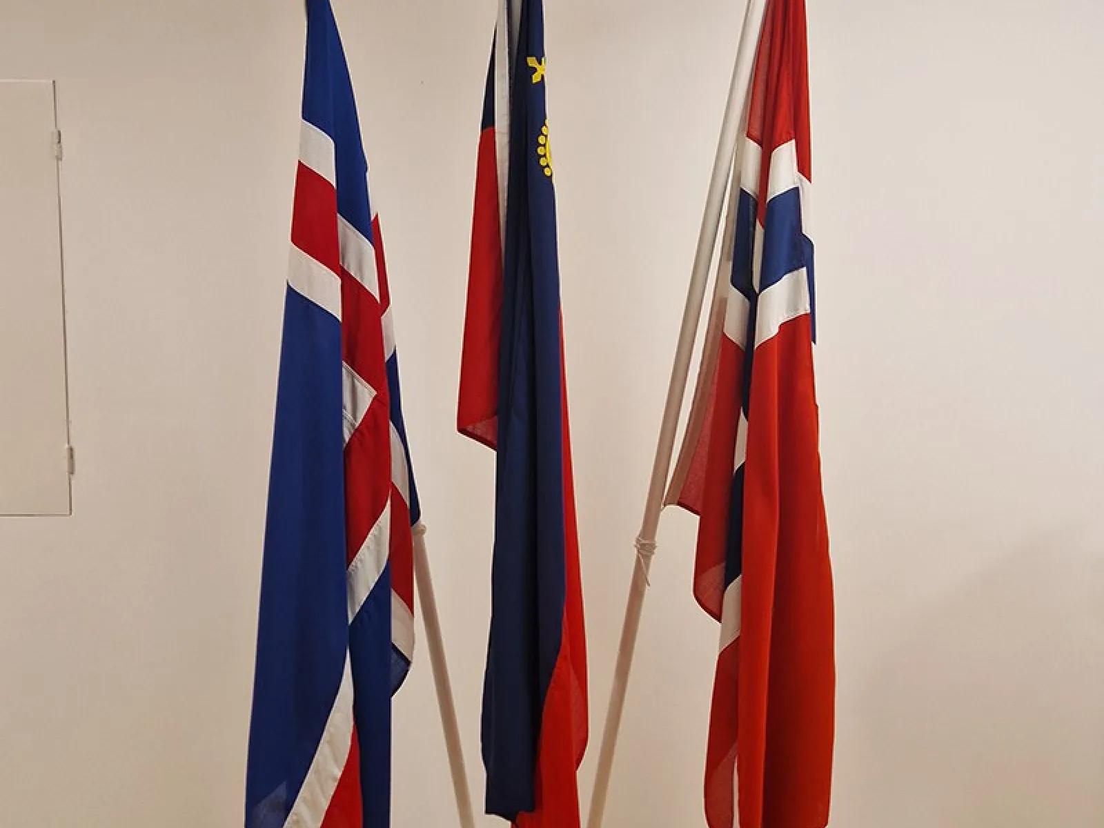 Drei Flaggen stehen nebeneinander auf Holzständern in einem Raum. Links die Flagge von Island, in der Mitte die Flagge von Liechtenstein und rechts die Flagge von Norwegen. Der Boden ist aus Holz, die Wand im Hintergrund ist weiß.