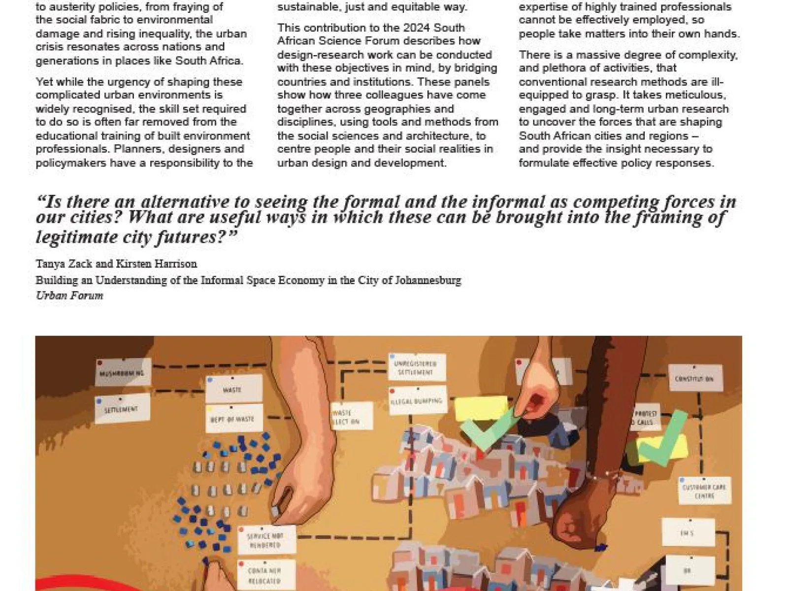 Ein Bild zeigt eine Ausstellungstafel mit Text und einer grafischen Darstellung. Die Grafik zeigt Hände, die an einem Modell arbeiten, das Gebäude und Straßen darstellt. Der Text thematisiert urbane Entwicklung und soziale Integration in afrikanischen Städten.