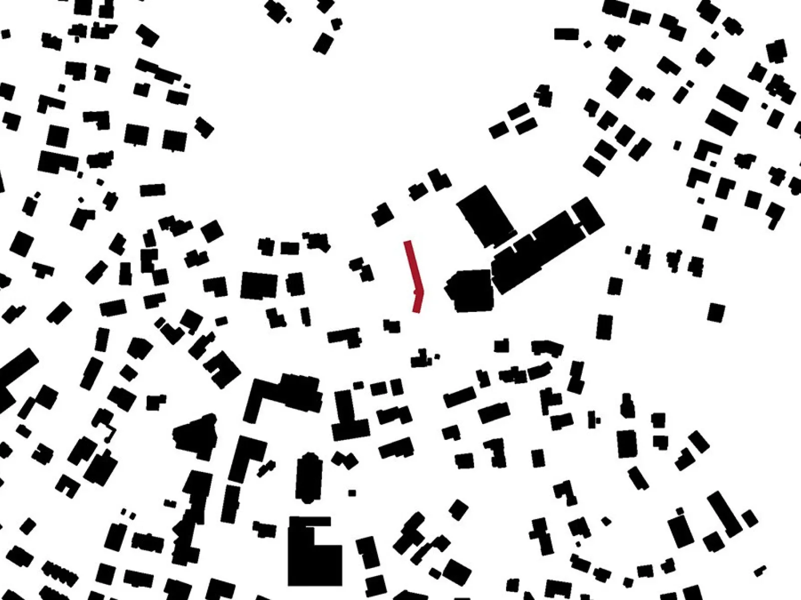 Schwarz-weißer Lageplan mit Gebäuden in Eschen, Liechtenstein. Ein hervorgehobenes Gebäude in Rot zeigt den Standort des Strickbaus an der Kapfstrasse.