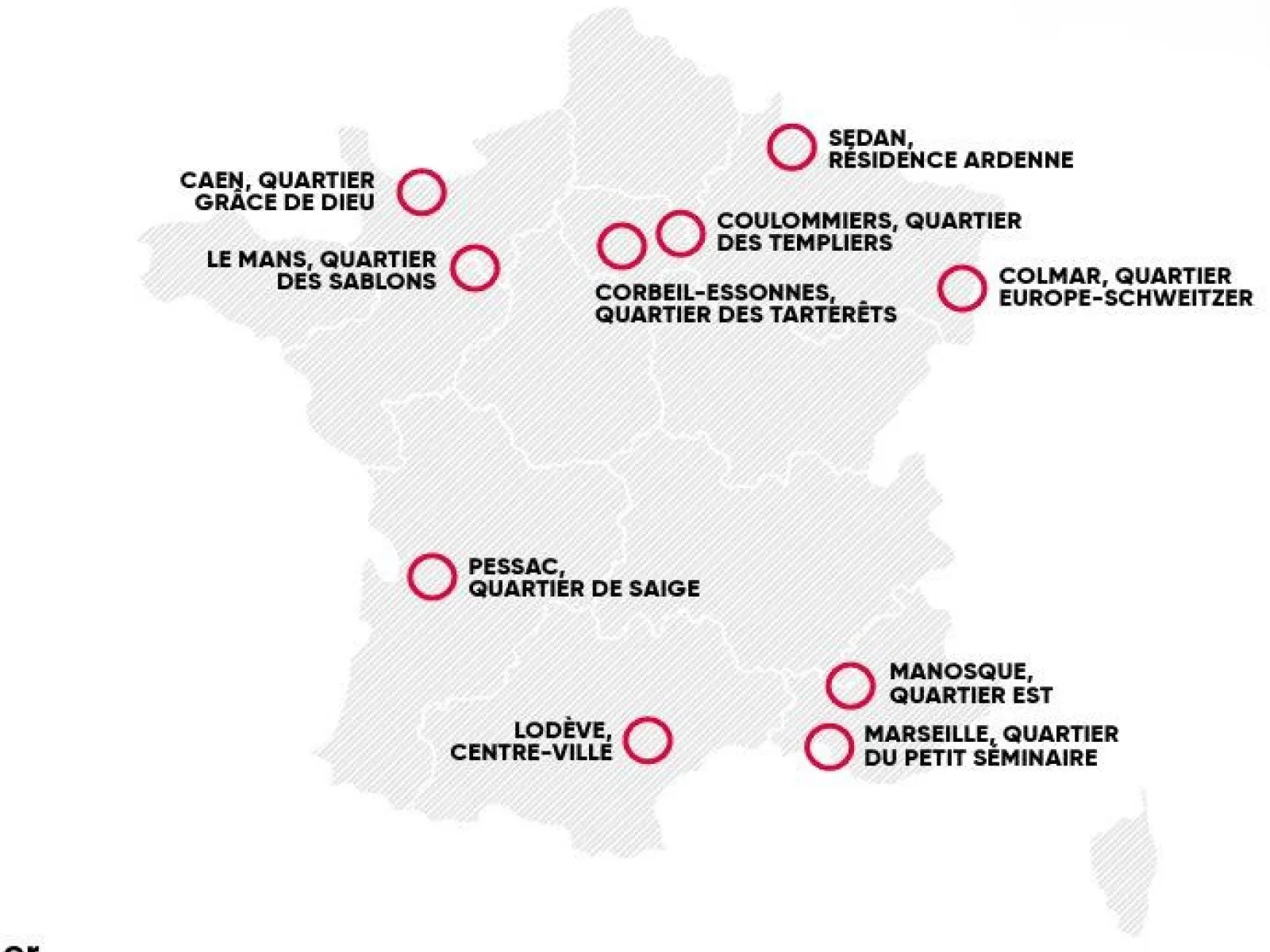 Karte von Frankreich mit markierten Städten, die am Projekt „Quartiers de demain“ teilnehmen: Caen, Le Mans, Sedan, Coulommiers, Corbeil-Essonnes, Colmar, Pessac, Lodève, Manosque, Marseille.