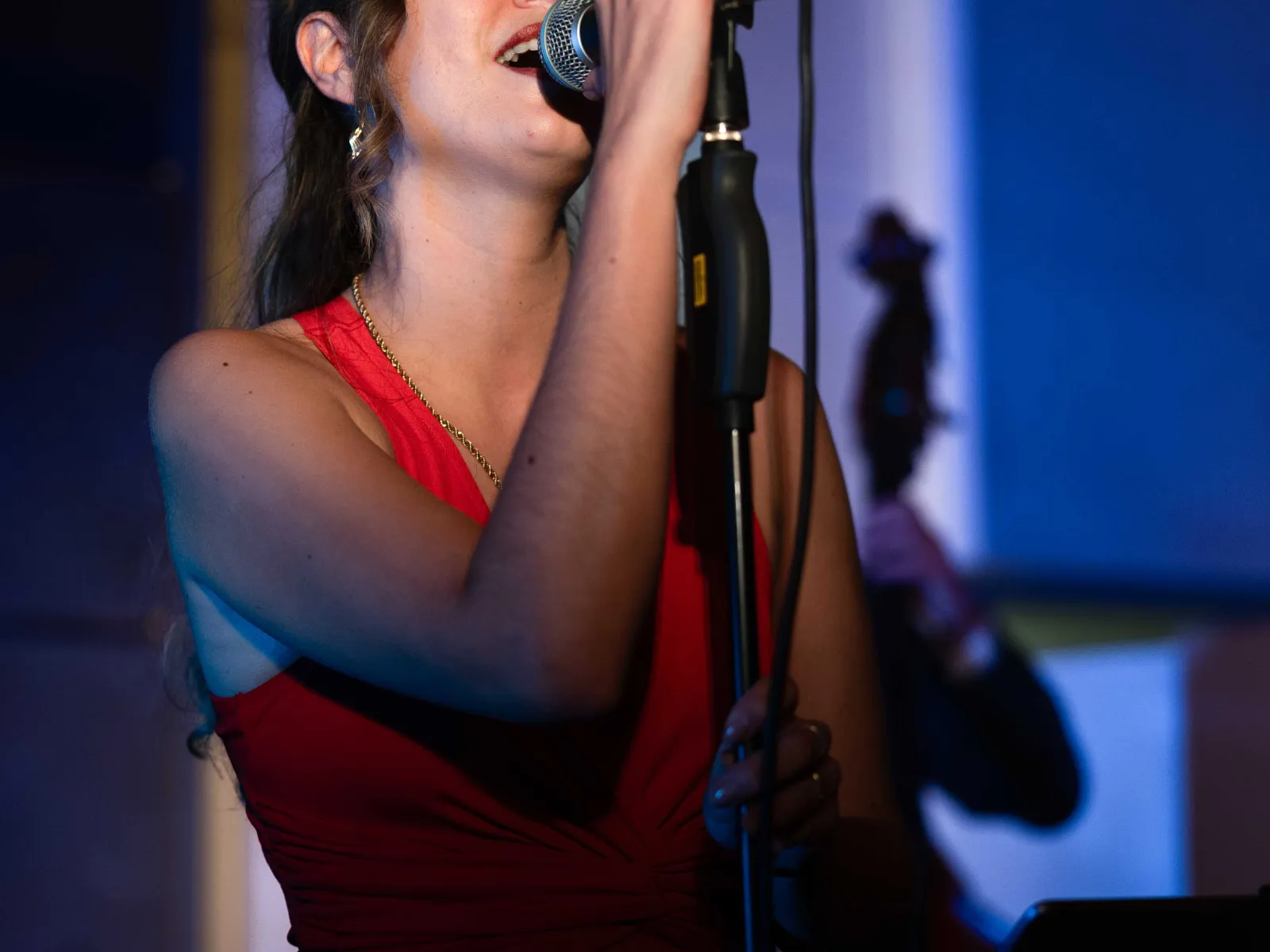 Saengerin-rotes-Kleid-Buehne-Uniball-Liechtenstein