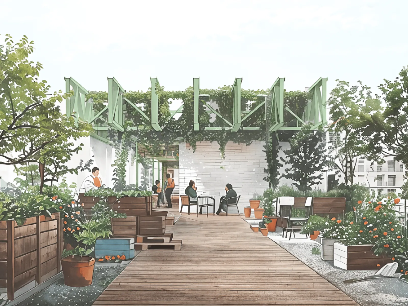 Visualisierung einer begrünten Dachterrasse mit Menschen im Hintergrund