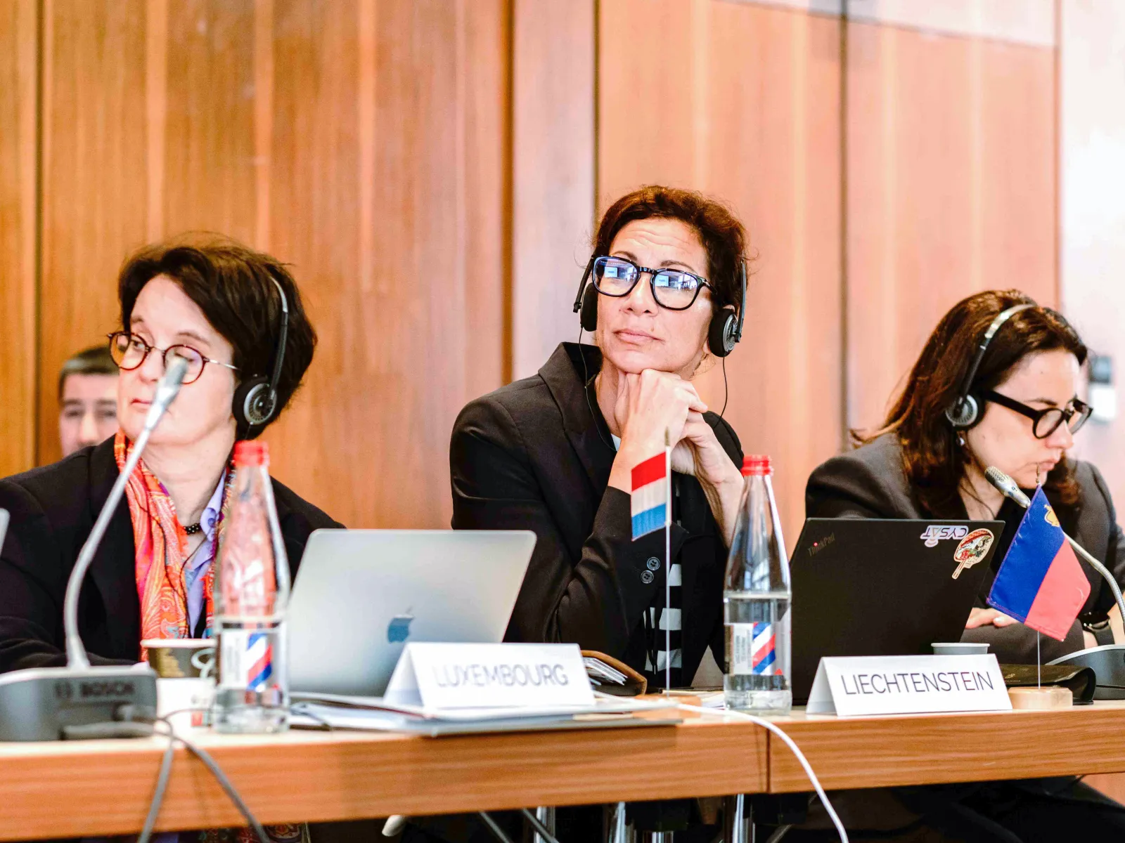 Internationale Delegierte mit Kopfhörern bei Konferenzmeeting mit Laptop und Länderflaggen Liechtenstein und Luxemburg