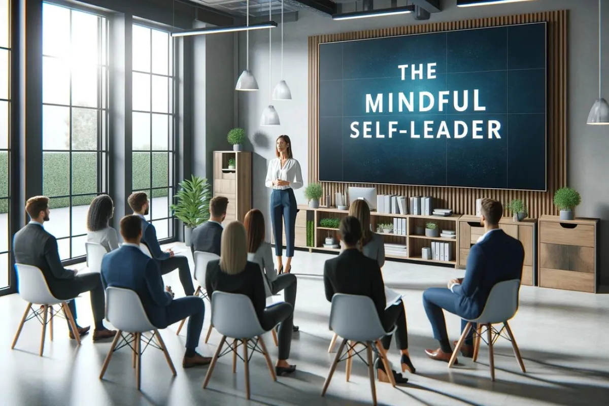 Eine Frau hält eine Präsentation vor einer Gruppe von Menschen in einem modernen Konferenzraum. Auf einem großen Bildschirm steht der Text "The Mindful Self-Leader".