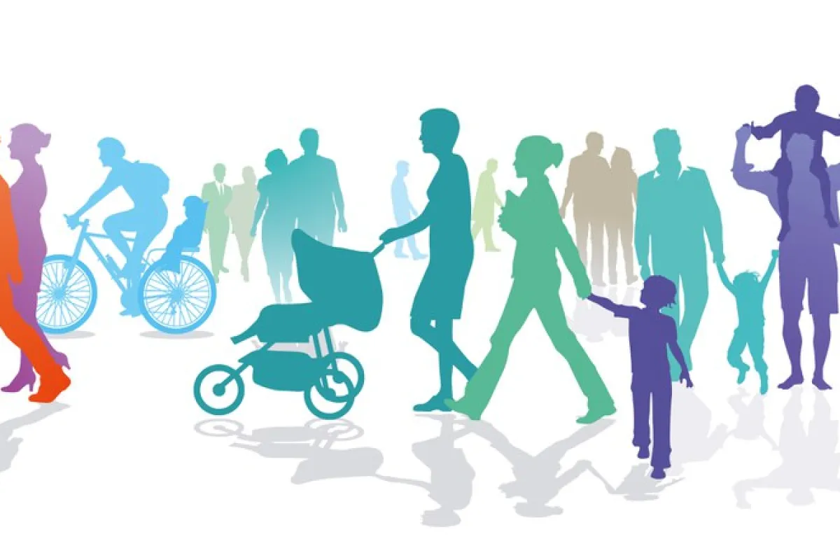 Buntes Scherenschnittbild von Menschen in verschiedenen Lebenssituationen: Erwachsene, Kinder, Radfahrer und Personen mit Kinderwagen, die Vielfalt und Wandel moderner Familienstrukturen symbolisieren.