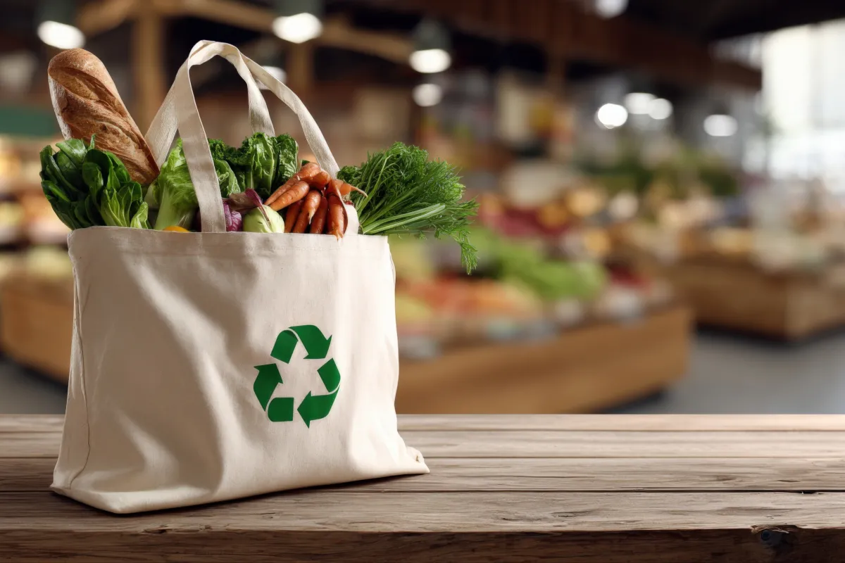 Sustainable shopping bag with a recycling symbol representing the circular economy and sustainable consumption