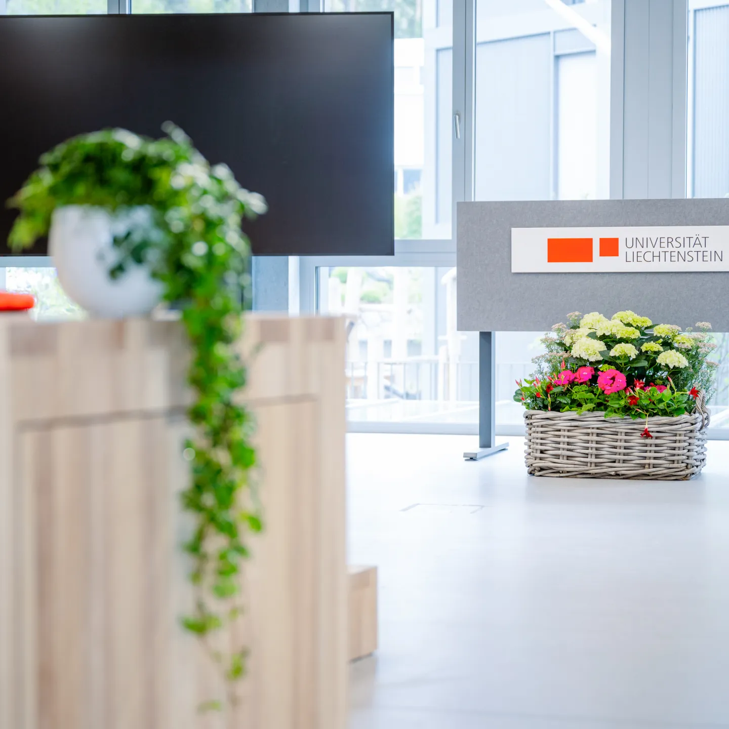 Rednerpult mit Logo der Universität Liechtenstein, umgeben von Pflanzen