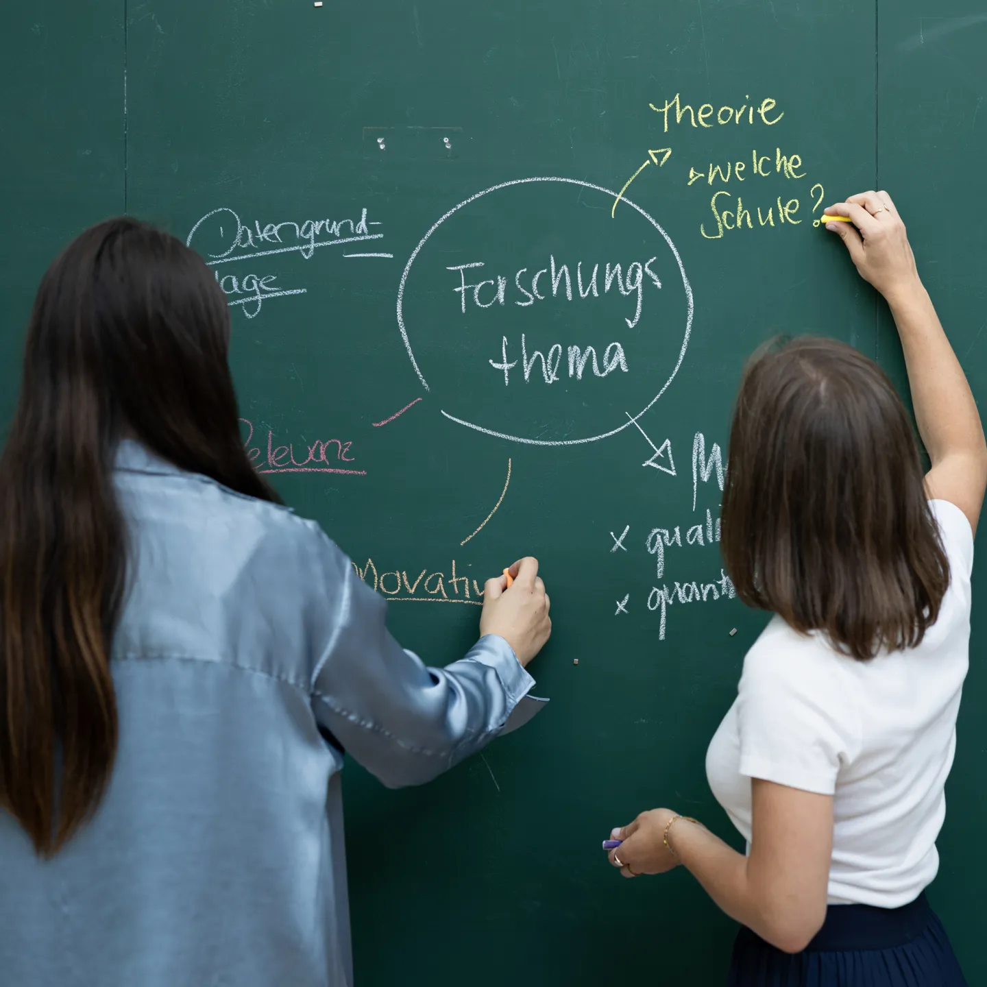 Zwei Studierende entwickeln ein Forschungsthema auf einer beschrifteten grünen Tafel mit Kreide und Farben.