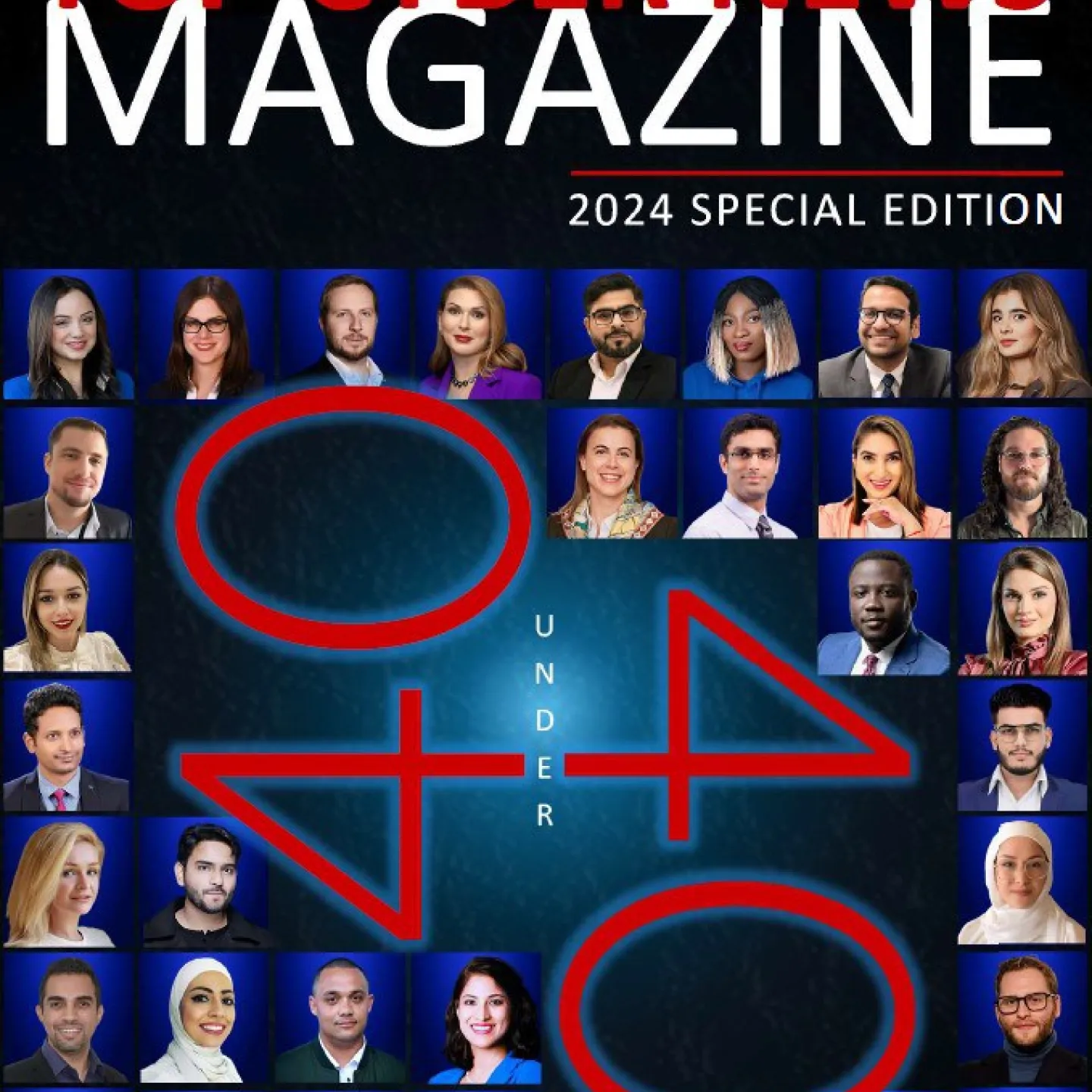 Titelbild des "Top Cyber News Magazine" 2024 Special Edition mit Porträts von 40 jungen Talenten aus der Cybersicherheitsbranche. Text "40 Under 40" in der Mitte, umgeben von den Porträts der ausgezeichneten Fachleute.