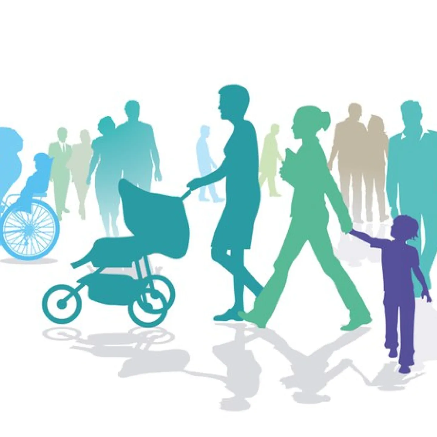 Buntes Scherenschnittbild von Menschen in verschiedenen Lebenssituationen: Erwachsene, Kinder, Radfahrer und Personen mit Kinderwagen, die Vielfalt und Wandel moderner Familienstrukturen symbolisieren.