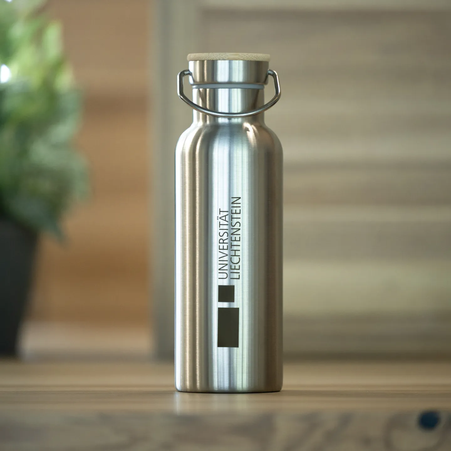 Edelstahl-Trinkflasche mit Logo der Universität Liechtenstein vor Pflanze.