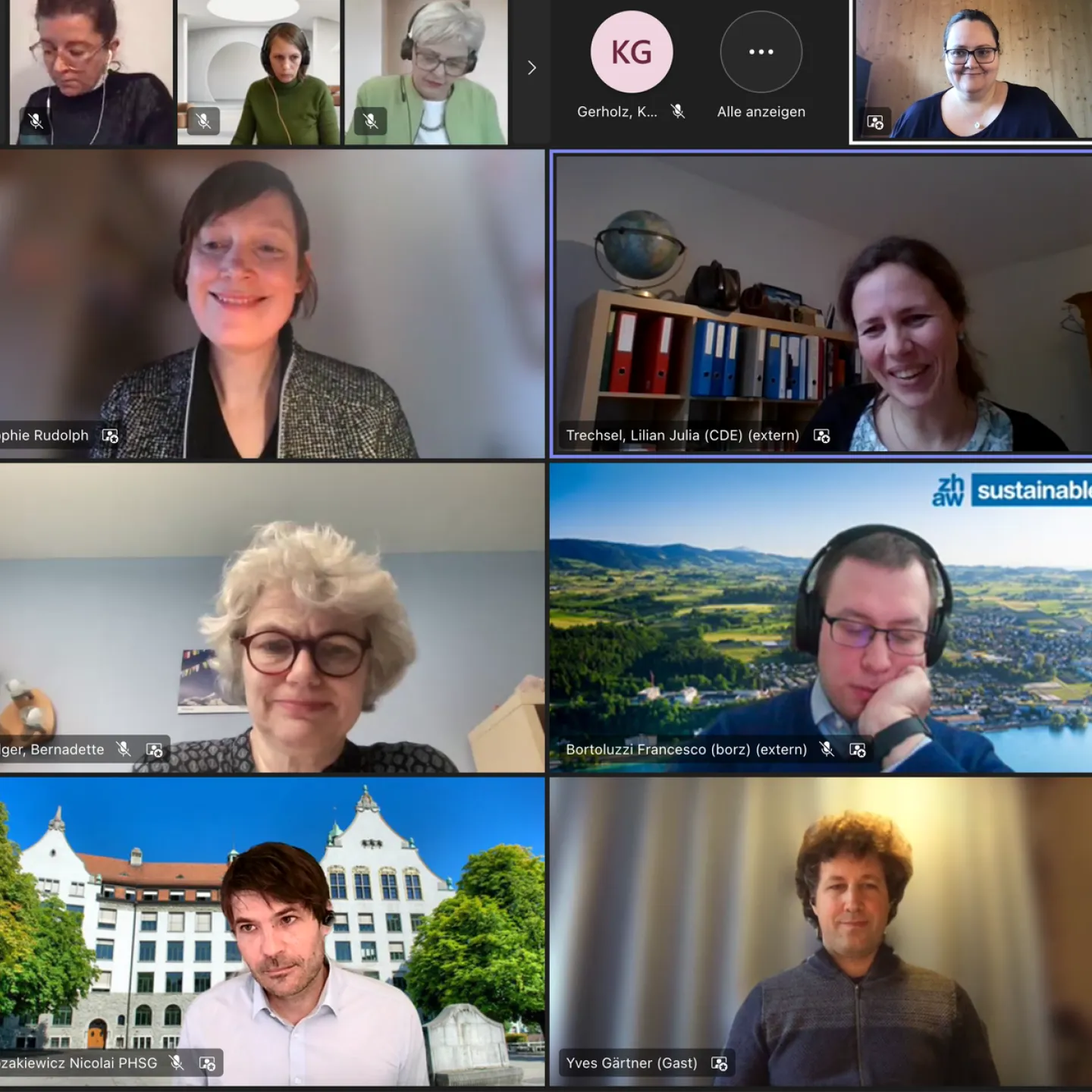 Eine Online-Podiumsdiskussion mit neun Teilnehmern in einem Videokonferenz-Layout. Die Teilnehmer sind in individuellen Kacheln zu sehen, einige mit virtuellen Hintergründen. Alle wirken konzentriert und engagiert.