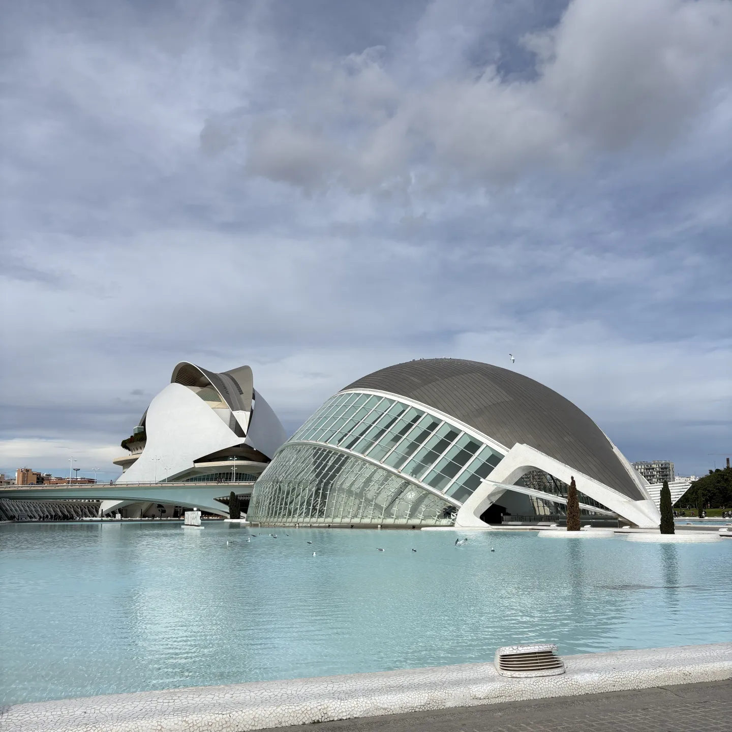 Moderne, futuristische Gebäude mit geschwungenen Glas- und Betonformen an einem großen Wasserbecken unter bewölktem Himmel.