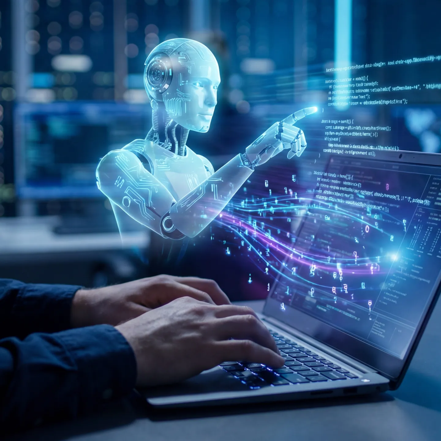 Person arbeitet am Laptop mit holografischer Darstellung eines KI-Agenten