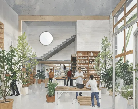 Visualisierung einer offenen halle mit Menschen und Pflanzen