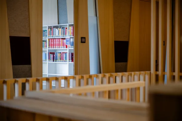 Blick in die Bibliothek der Universität Liechtenstein mit bunten Fachbüchern