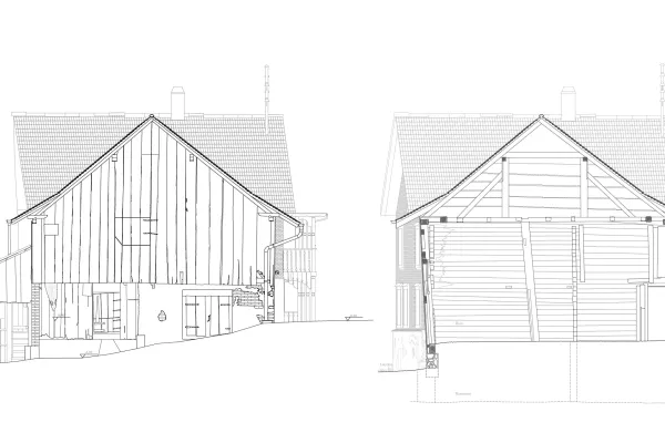 Plan/Ansicht eines landwirtschaftlichen Gebäudes in schwarz/weiss