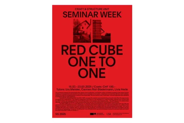 Rotes Poster zu einer Seminarwoche mit dem Titel "Red Cube one to one"