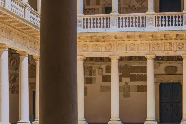 Historischer Innenhof der Universität Padua mit Säulen und verzierten Fassaden, beleuchtet von Sonnenlicht.