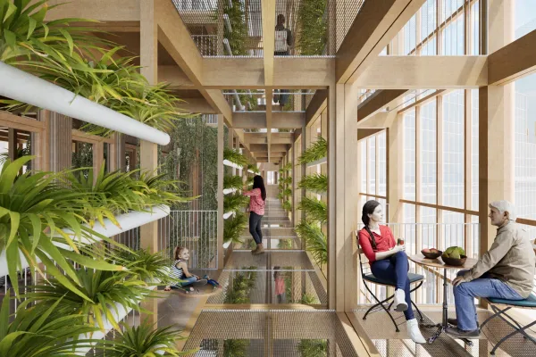 Visualisierung eines luftigen Holzgebäudes mit vielen Pflanzen und Menschen, die sich unterhalten