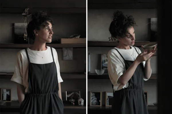 Künstlerisches Doppelporträt einer Person mit Keramikobjekt in ruhiger Atelierumgebung