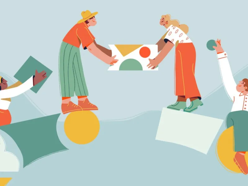 Illustration von vier stilisierten Personen, die auf geometrischen Formen balancieren und zusammenarbeiten. Eine Person reicht einer anderen ein abstraktes Objekt. Die Szene symbolisiert Teamarbeit und Kooperation.