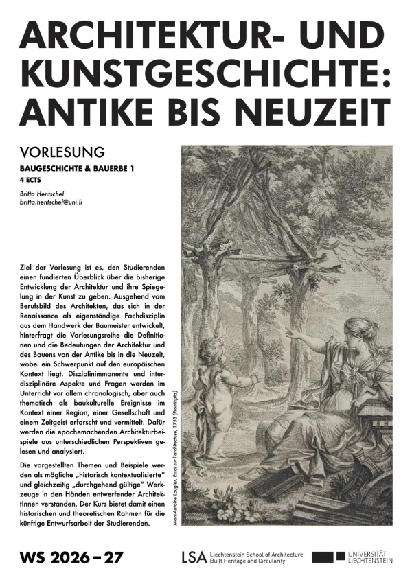 Plakat zur Vorlesung «Architektur- und Kunstgeschichte: Antike bis Neuzeit» im Wintersemester 2026/27 an der Universität Liechtenstein mit einer historischen Illustration der Urhütte.